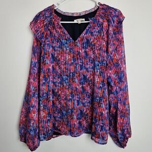 Skies Are Blue Womens Blouse Sz‎ M Pink Blue Floral Smocked Ruffle Longsleeve